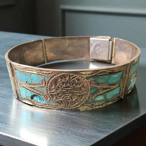 Vintage Mexico Sterling Silver & Crushed Turquoise Inca/Mayan Panel Bracelet - Picture 1 of 13